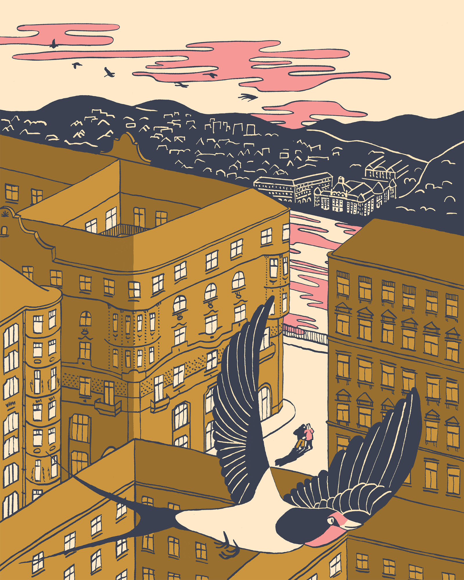 Illustration of a sunset panorama across the roofs of Budapest and the Danube towards the hills